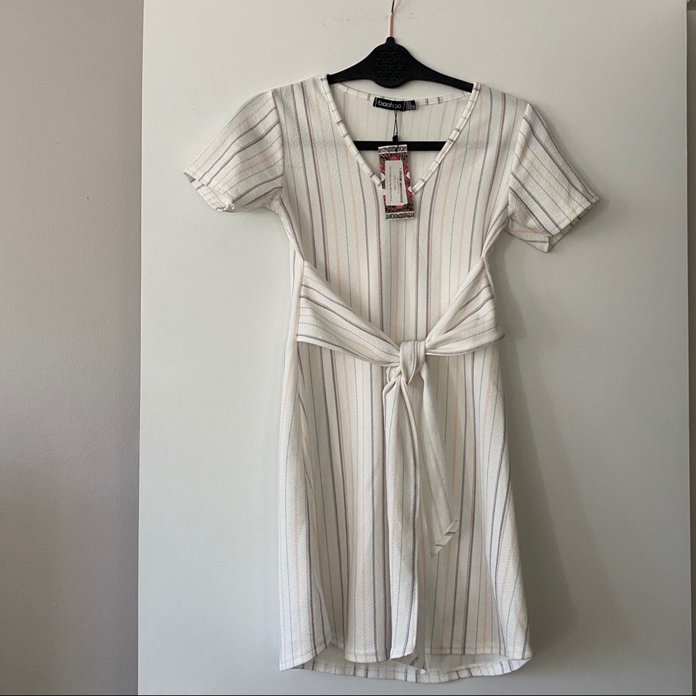 Boohoo Boutique Stripe Tie Front T-shirt Mini Dress